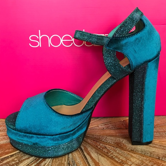 NIB Shoe Dazzle Teal Velvet Platform Sandals - Picture 7 of 12